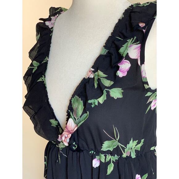 Blue Life Floral Ruffled Mini Dress Black Deep V Low Back XS Black Whimsigoth - Picture 2 of 8